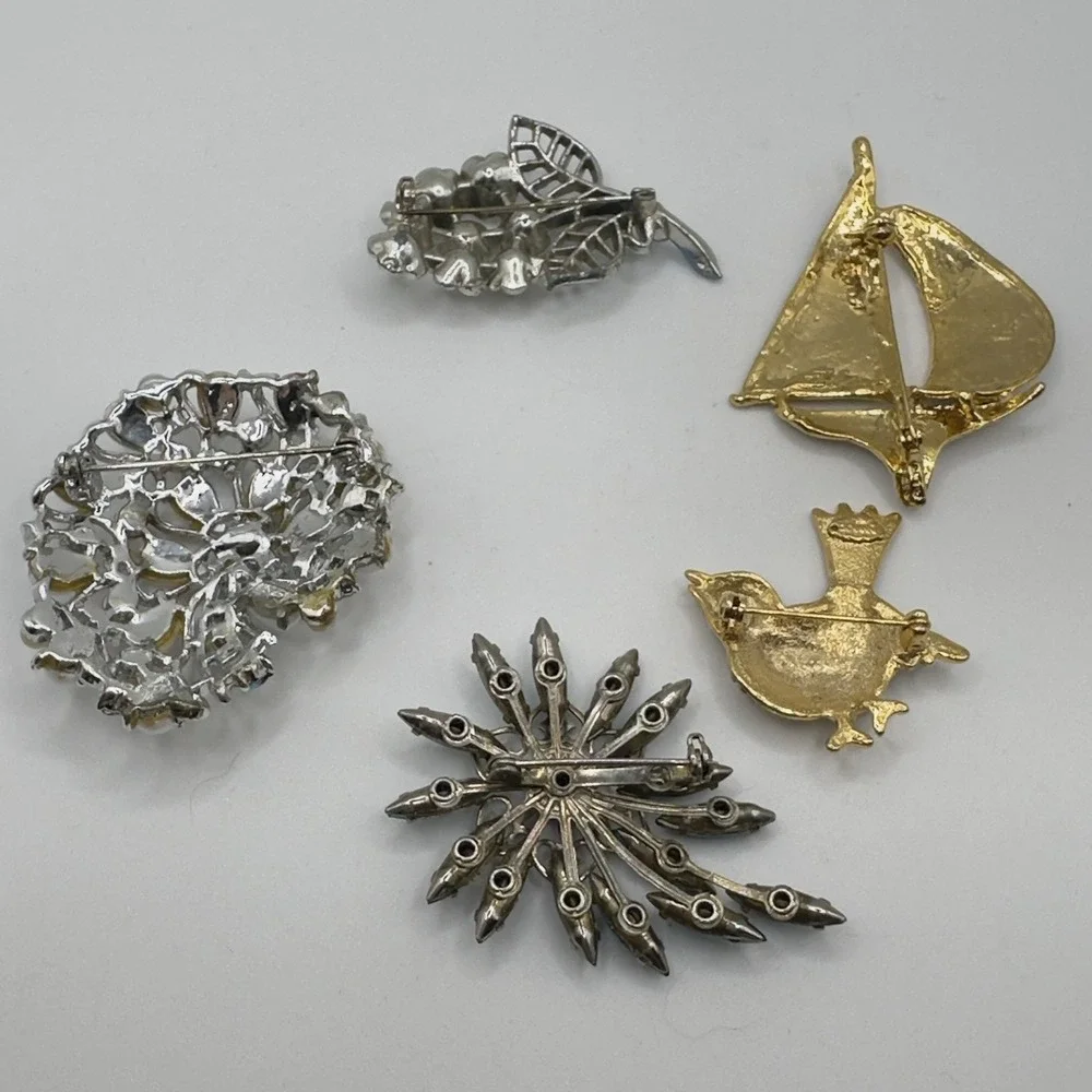 Vintage Brooch Lot 5 Rhinestone Enamel Faux Pearl Sailboat Flower Starburst Pins